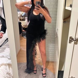 Black Velvet Feather Slit Dress